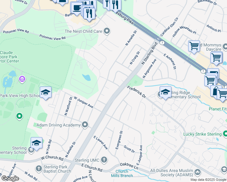 map of restaurants, bars, coffee shops, grocery stores, and more near 1301 North Sterling Boulevard in Sterling