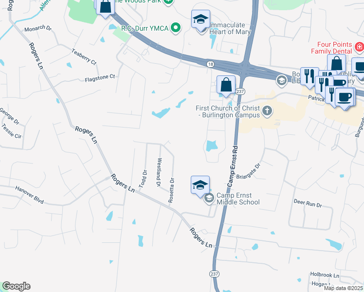 map of restaurants, bars, coffee shops, grocery stores, and more near 6494 Rosetta Drive in Burlington