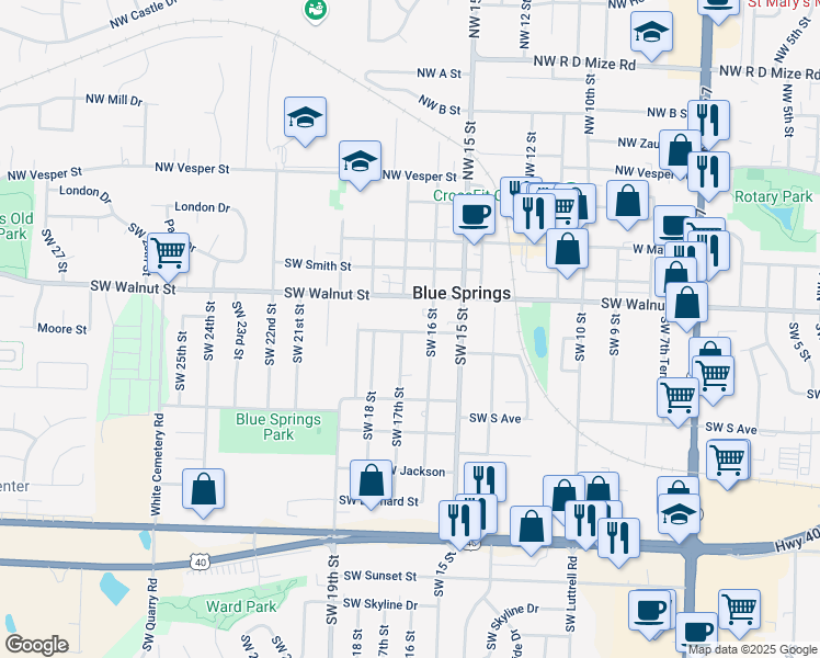 map of restaurants, bars, coffee shops, grocery stores, and more near 1608 Southwest Walnut Street in Blue Springs