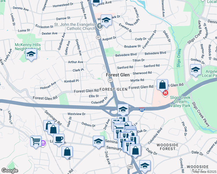 map of restaurants, bars, coffee shops, grocery stores, and more near 9800 Georgia Avenue in Silver Spring