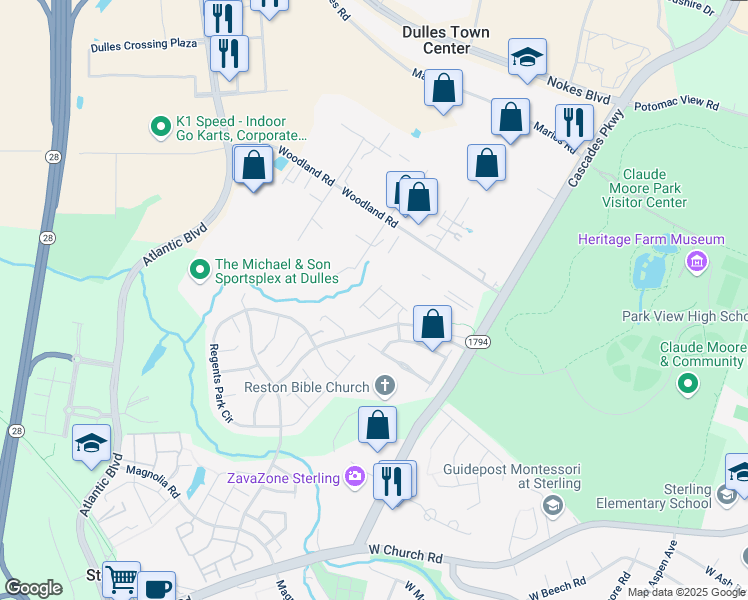 map of restaurants, bars, coffee shops, grocery stores, and more near 45743 Winding Branch Terrace in Sterling