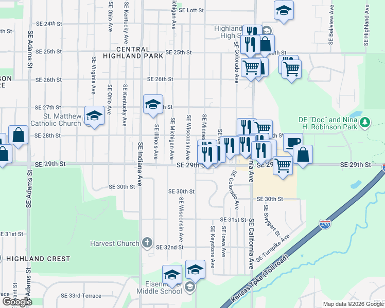map of restaurants, bars, coffee shops, grocery stores, and more near 2826 Southeast Wisconsin Avenue in Topeka