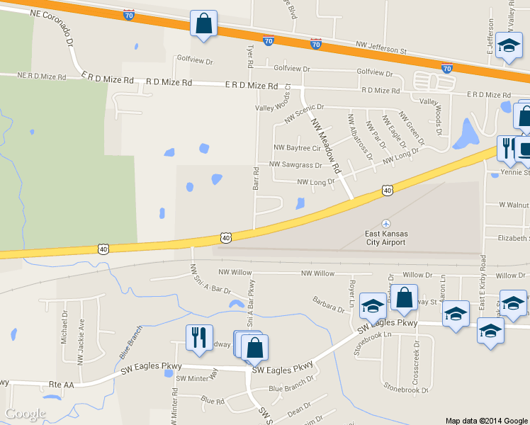 map of restaurants, bars, coffee shops, grocery stores, and more near 1303 Northwest Ashley Lane in Grain Valley