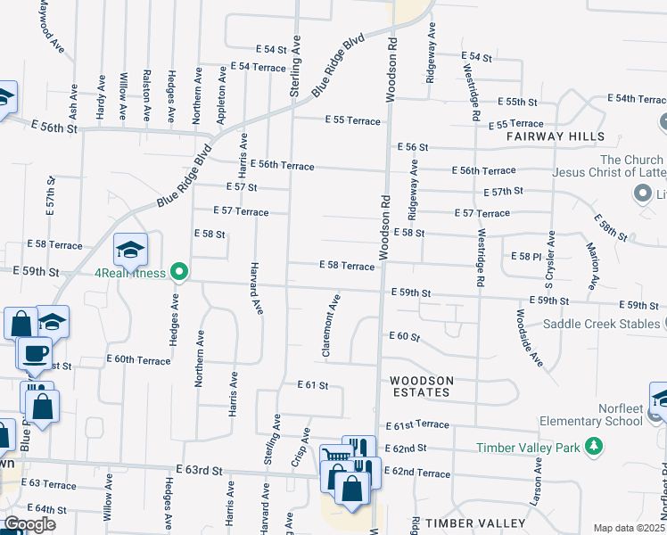 map of restaurants, bars, coffee shops, grocery stores, and more near 11309 East 58 Street in Raytown