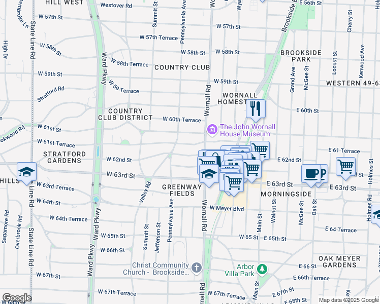 map of restaurants, bars, coffee shops, grocery stores, and more near 426 West 61st Terrace in Kansas City