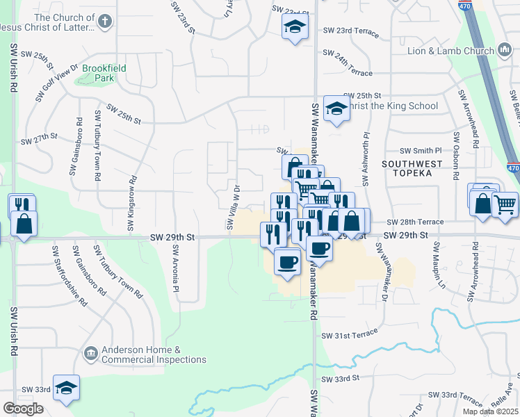 map of restaurants, bars, coffee shops, grocery stores, and more near 2800 Southwest Villa West Drive in Topeka