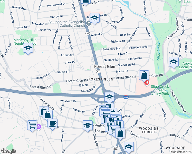 map of restaurants, bars, coffee shops, grocery stores, and more near 9800 Georgia Avenue in Silver Spring