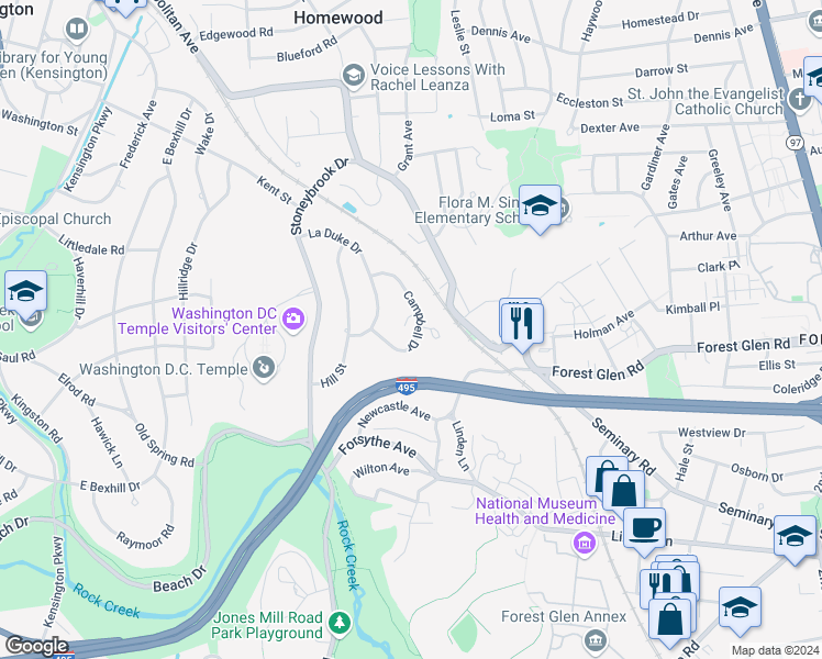 map of restaurants, bars, coffee shops, grocery stores, and more near 6 Campbell Court in Kensington