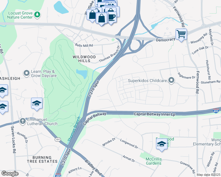 map of restaurants, bars, coffee shops, grocery stores, and more near 7209 Greentree Road in Bethesda