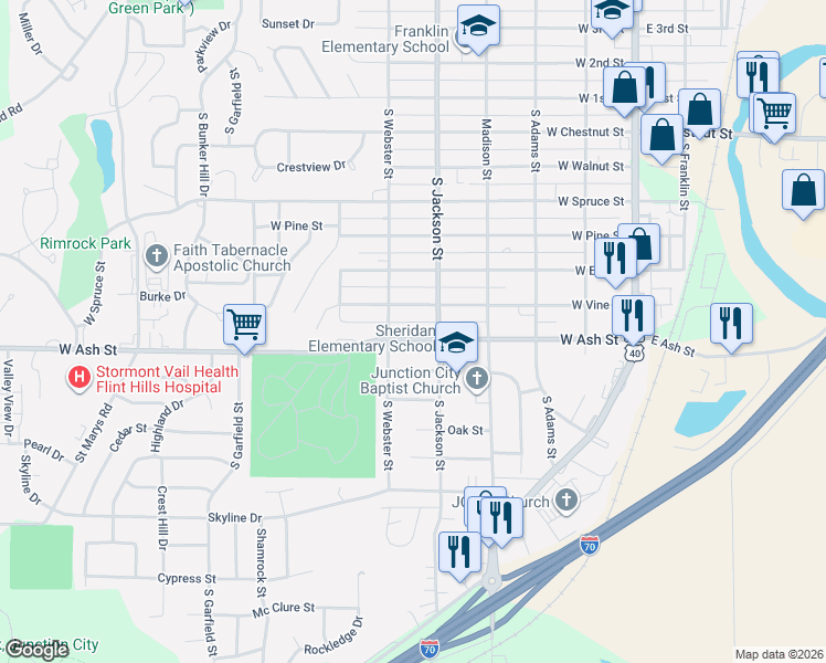 map of restaurants, bars, coffee shops, grocery stores, and more near 527 West Vine Street in Junction City