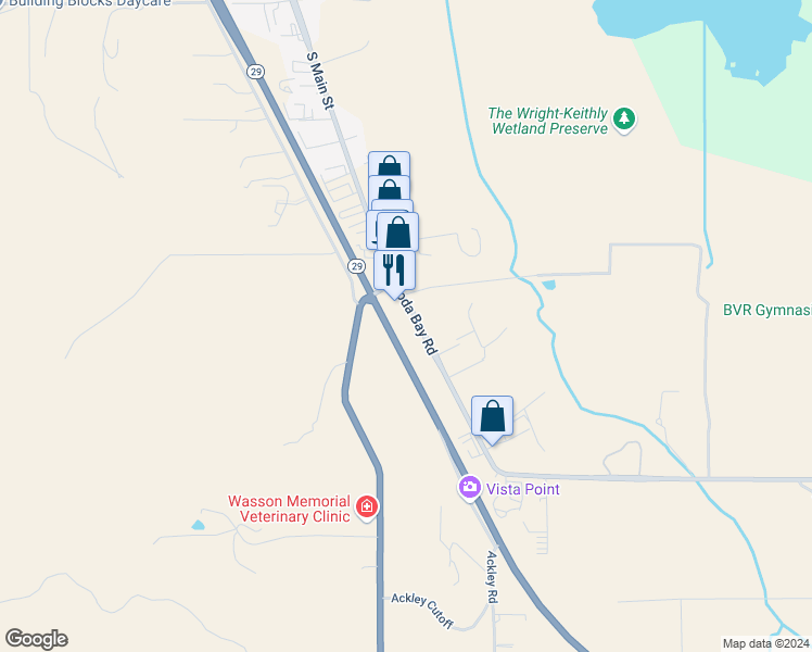 map of restaurants, bars, coffee shops, grocery stores, and more near 43 Soda Bay Road in Lakeport