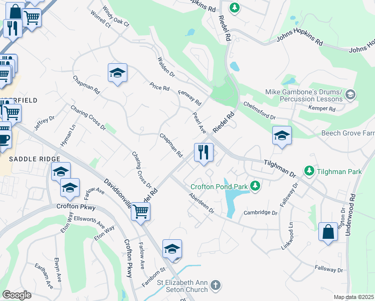 map of restaurants, bars, coffee shops, grocery stores, and more near 2705 Savoy Court in Crofton