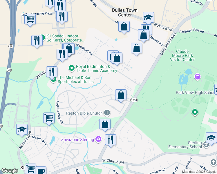 map of restaurants, bars, coffee shops, grocery stores, and more near 45797 Winding Branch Terrace in Sterling