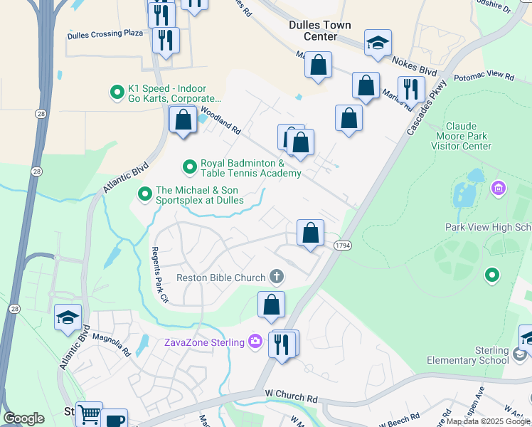 map of restaurants, bars, coffee shops, grocery stores, and more near 45750 Winding Branch Terrace in Sterling