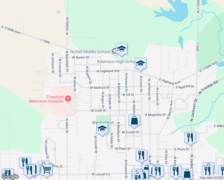 map of restaurants, bars, coffee shops, grocery stores, and more near 1300-1398 North Robb Street in Robinson