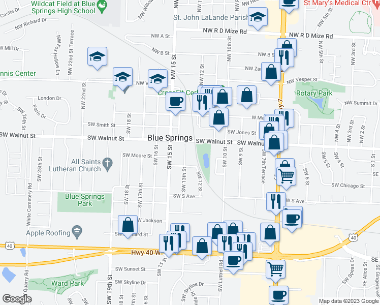 map of restaurants, bars, coffee shops, grocery stores, and more near 310 Southwest 13th Street in Blue Springs