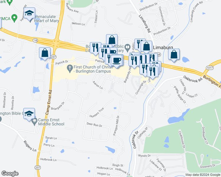 map of restaurants, bars, coffee shops, grocery stores, and more near 5508 Barrett Lane in Burlington