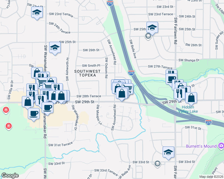 map of restaurants, bars, coffee shops, grocery stores, and more near 2733 Southwest Arrowhead Road in Topeka