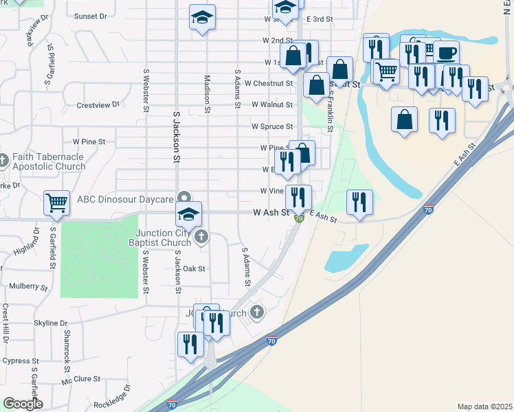map of restaurants, bars, coffee shops, grocery stores, and more near 225 West Vine Street in Junction City