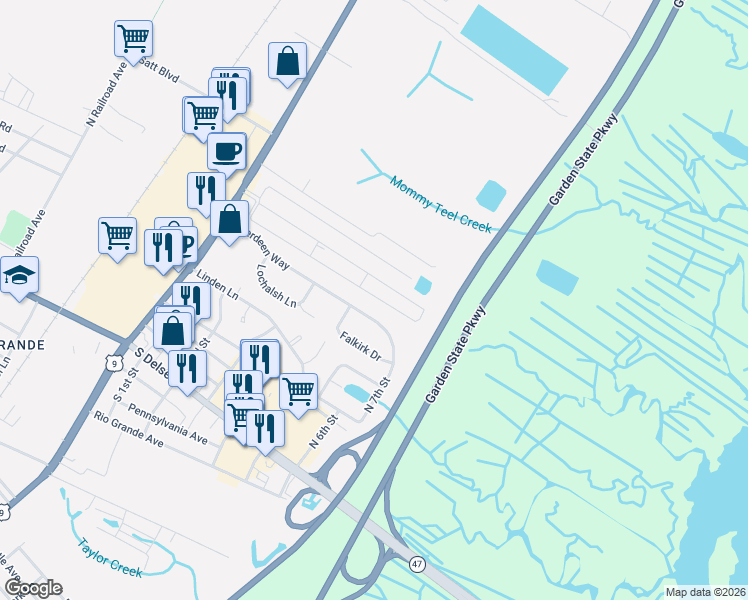 map of restaurants, bars, coffee shops, grocery stores, and more near 93 Priest Boulevard in Middle Township