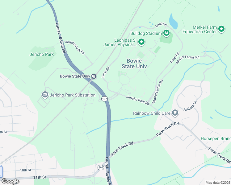 map of restaurants, bars, coffee shops, grocery stores, and more near Jericho Park Road in Bowie