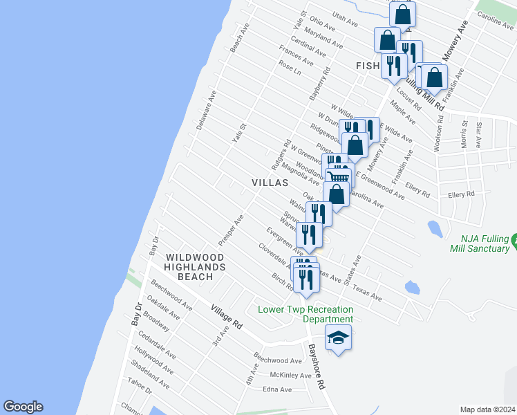 map of restaurants, bars, coffee shops, grocery stores, and more near 82 Warwick Road in Villas