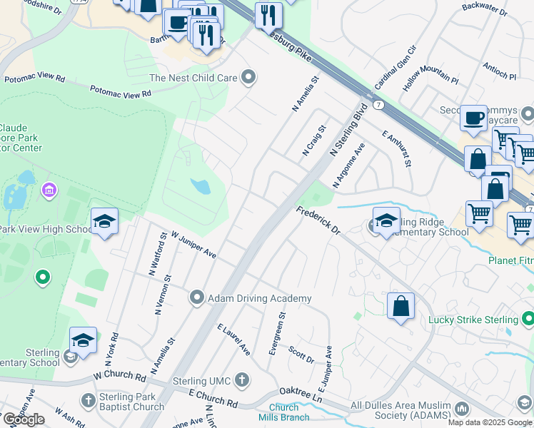 map of restaurants, bars, coffee shops, grocery stores, and more near 1303 North Sterling Boulevard in Sterling