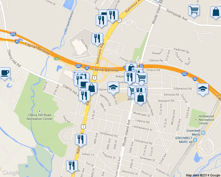 map of restaurants, bars, coffee shops, grocery stores, and more near Edgewood Road & 49th Avenue in College Park