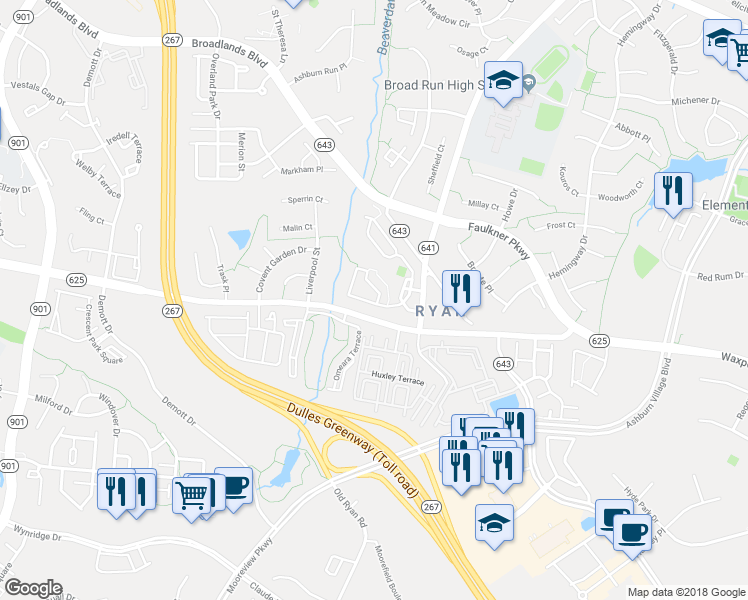 map of restaurants, bars, coffee shops, grocery stores, and more near 21863 Kings Crossing Terrace in Ashburn