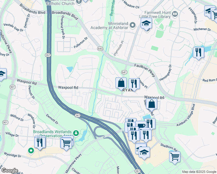map of restaurants, bars, coffee shops, grocery stores, and more near 21863 Kings Crossing Terrace in Ashburn
