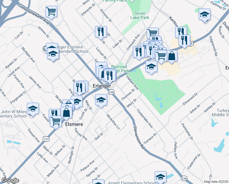 map of restaurants, bars, coffee shops, grocery stores, and more near 103 Timberlake Avenue in Erlanger