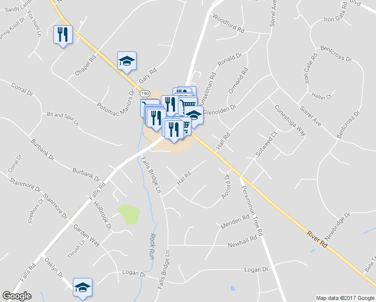 map of restaurants, bars, coffee shops, grocery stores, and more near 10020 River Road in Potomac