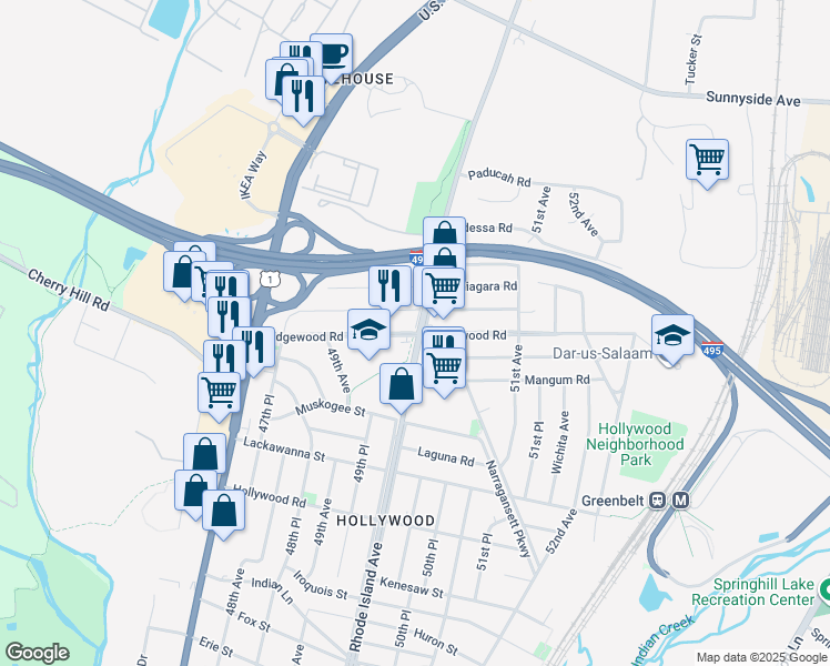 map of restaurants, bars, coffee shops, grocery stores, and more near 4978 Edgewood Road in College Park