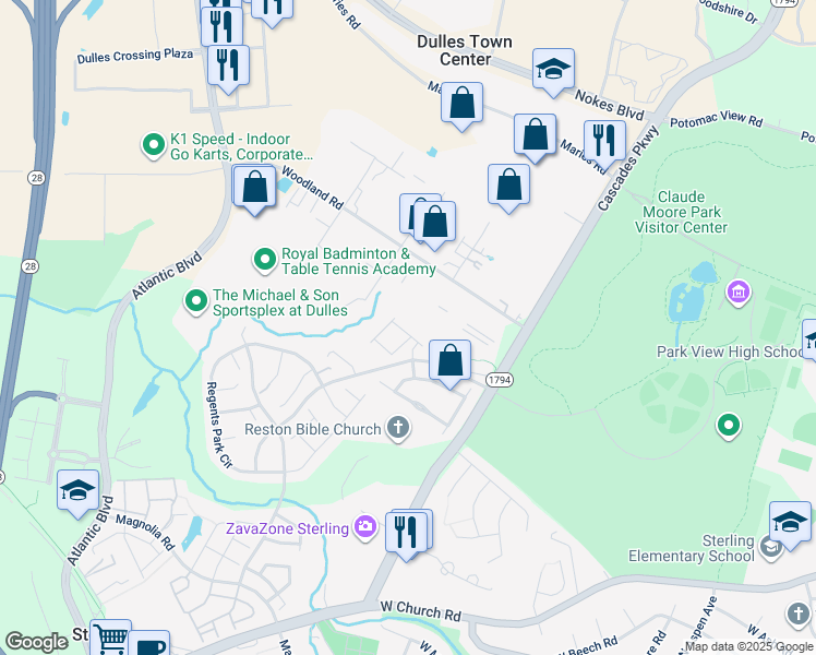map of restaurants, bars, coffee shops, grocery stores, and more near 45796 Winding Branch Terrace in Sterling