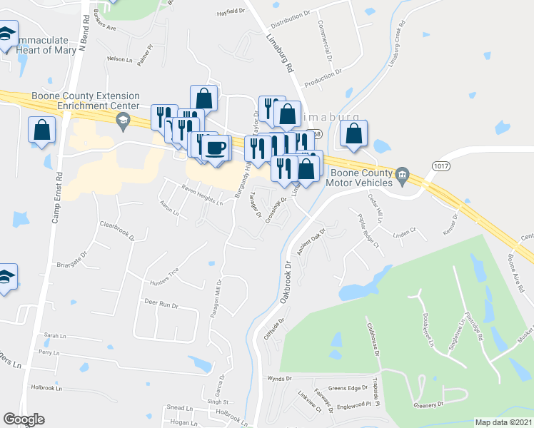 map of restaurants, bars, coffee shops, grocery stores, and more near 6229 Tanager Drive in Burlington