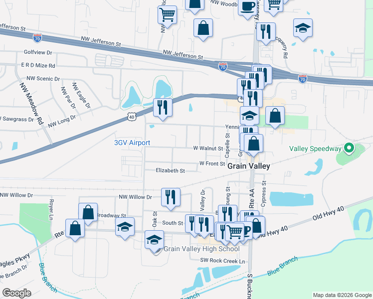 map of restaurants, bars, coffee shops, grocery stores, and more near 602 West Walnut Street in Grain Valley