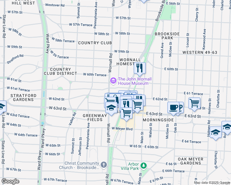 map of restaurants, bars, coffee shops, grocery stores, and more near 121 West 61st Terrace in Kansas City