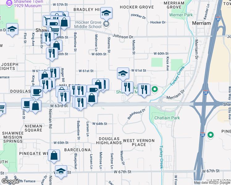 map of restaurants, bars, coffee shops, grocery stores, and more near 10300 West 62nd Street in Shawnee