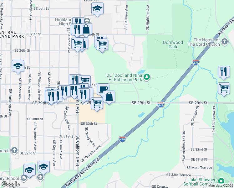 map of restaurants, bars, coffee shops, grocery stores, and more near 2818 S Glenside Ct in Topeka