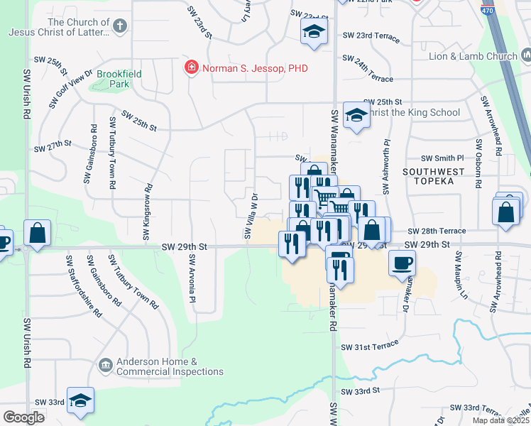 map of restaurants, bars, coffee shops, grocery stores, and more near 2800 Southwest Villa West Drive in Topeka