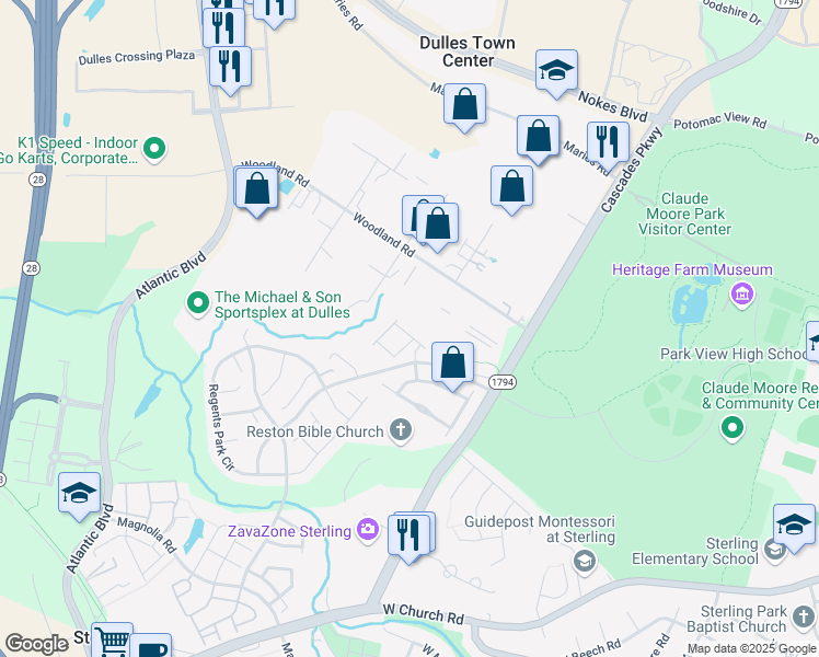 map of restaurants, bars, coffee shops, grocery stores, and more near 45796 Winding Branch Terrace in Sterling