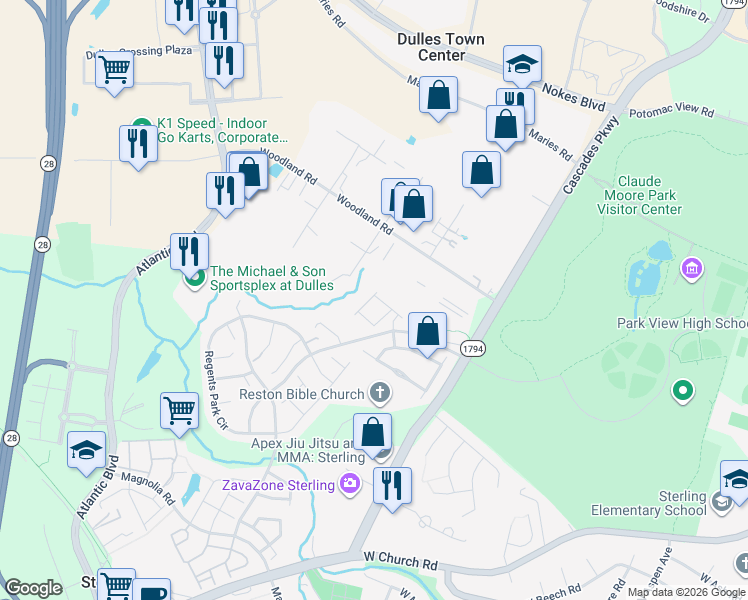 map of restaurants, bars, coffee shops, grocery stores, and more near 45766 Winding Branch Terrace in Sterling