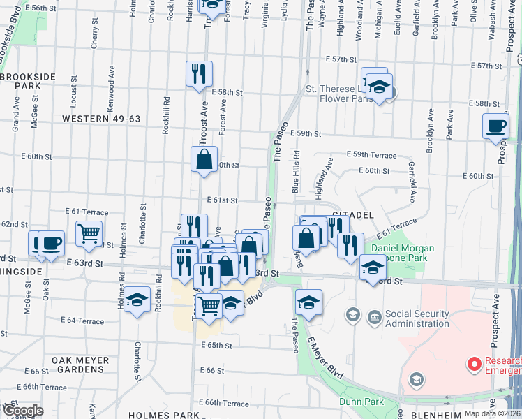 map of restaurants, bars, coffee shops, grocery stores, and more near in Kansas City