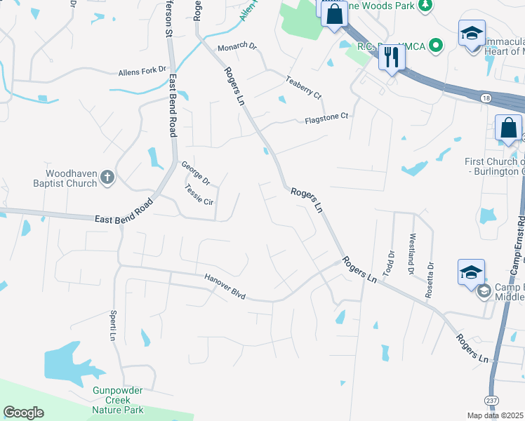 map of restaurants, bars, coffee shops, grocery stores, and more near 6153 Woodcrest Drive in Burlington
