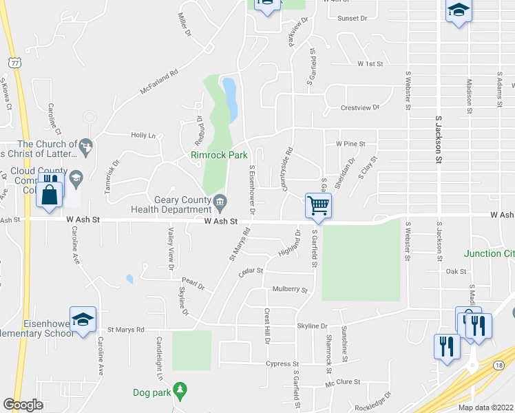 map of restaurants, bars, coffee shops, grocery stores, and more near 1010 Eisenhower Circle in Junction City