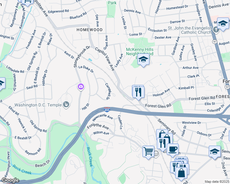 map of restaurants, bars, coffee shops, grocery stores, and more near 2507 Campbell Place in Kensington