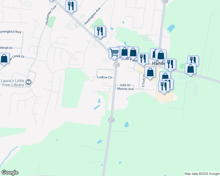 map of restaurants, bars, coffee shops, grocery stores, and more near 3377 Ohio 132 in Amelia