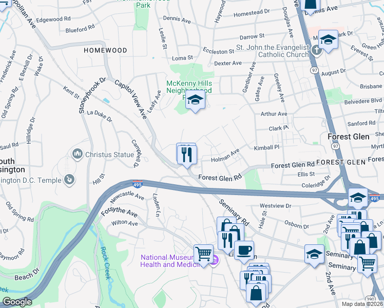 map of restaurants, bars, coffee shops, grocery stores, and more near 2621 Holman Avenue in Silver Spring