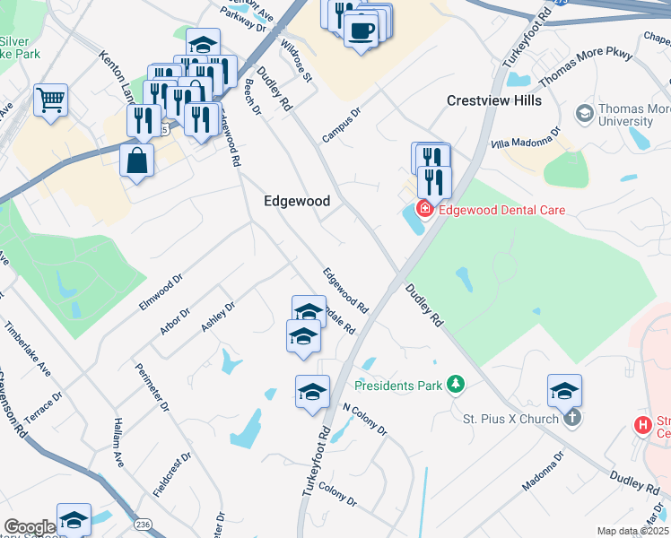 map of restaurants, bars, coffee shops, grocery stores, and more near 112 Edgewood Road in Edgewood