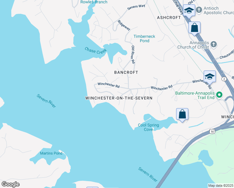 map of restaurants, bars, coffee shops, grocery stores, and more near 215 Saint Swithins Lane in Annapolis